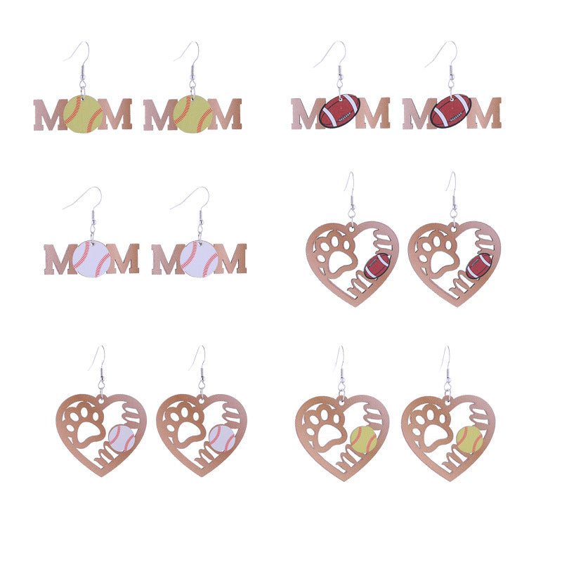 Wholesale Flame Super Rugby Baseball Sports Style Wooden Hollow Earrings