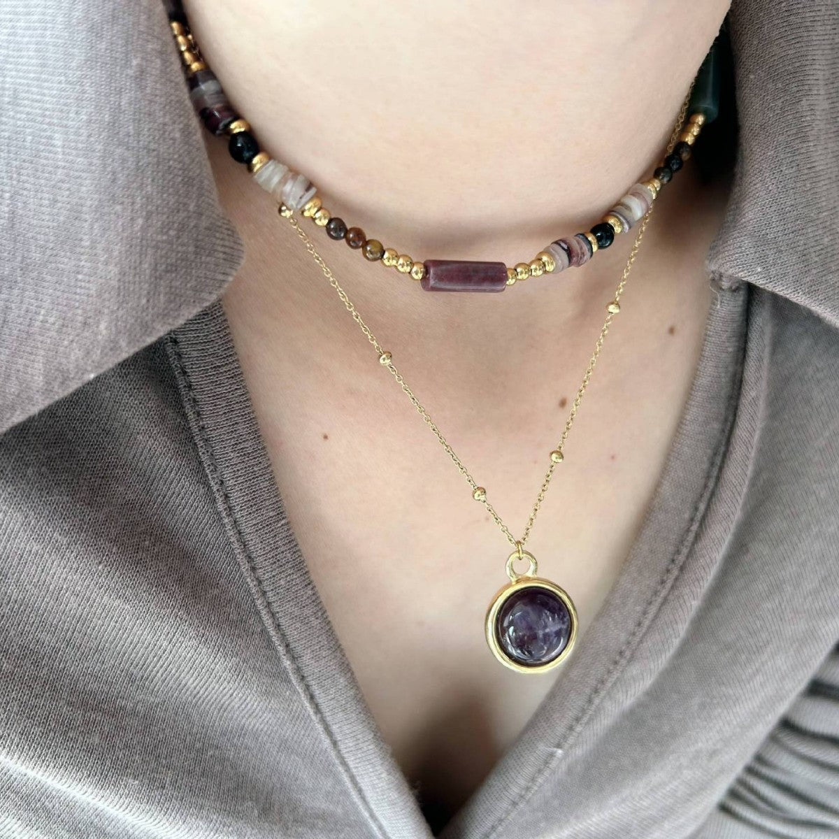 Wholesale Natural Stone Beaded Necklace Natural Amethyst Pendant Love Stainless Steel Necklace