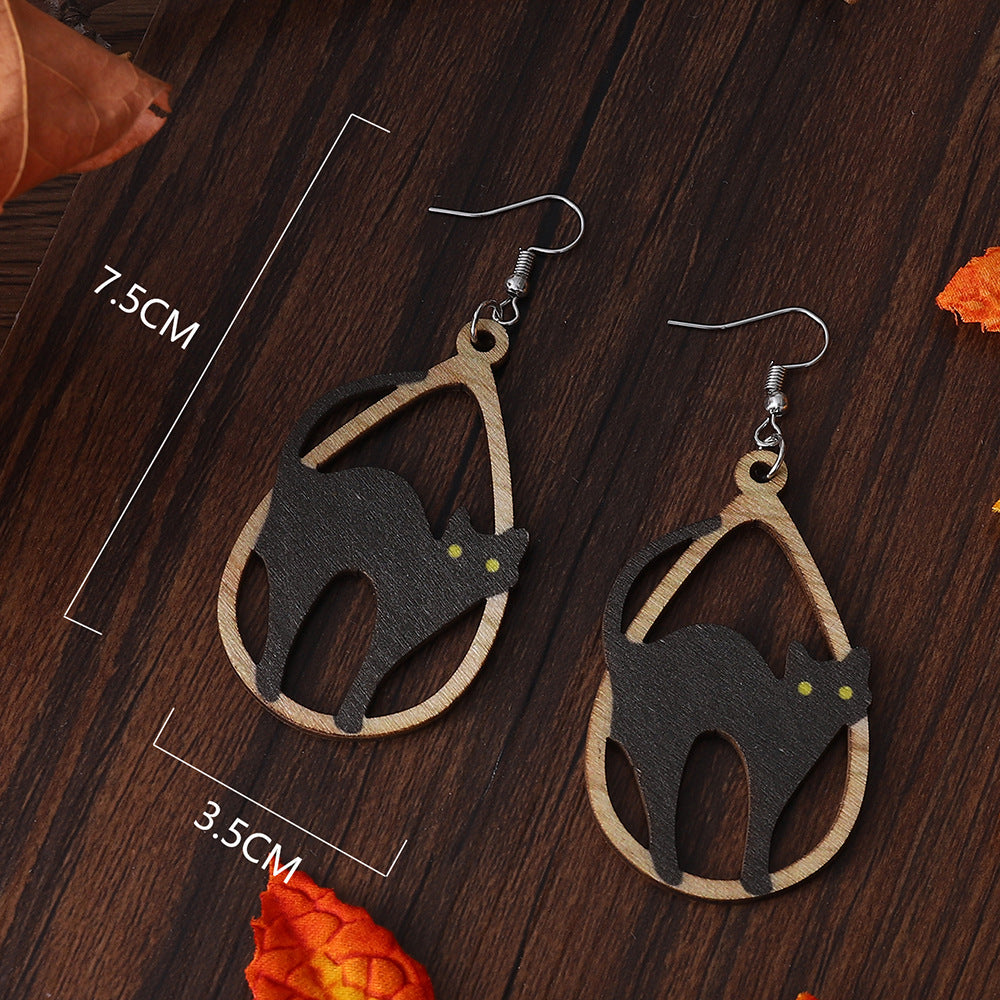 Wholesale   Black Cat Hollow Drop-Shaped Pendant Earrings