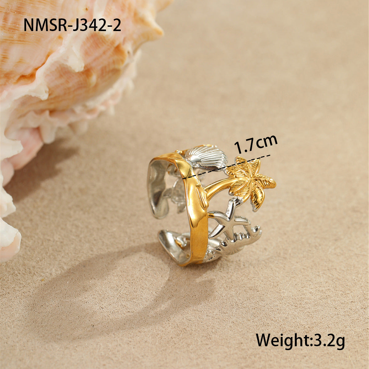 Wholesale Ocean Style Mermaid Pearl Ring Stainless Steel Gold-Plated Open Ring