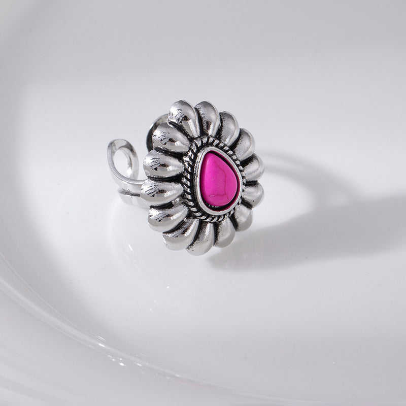 Wholesale Trendy Bohemian Flower Turquoise Drop Ring for Women,  Retro Adjustable Copper Jewelry Accessory