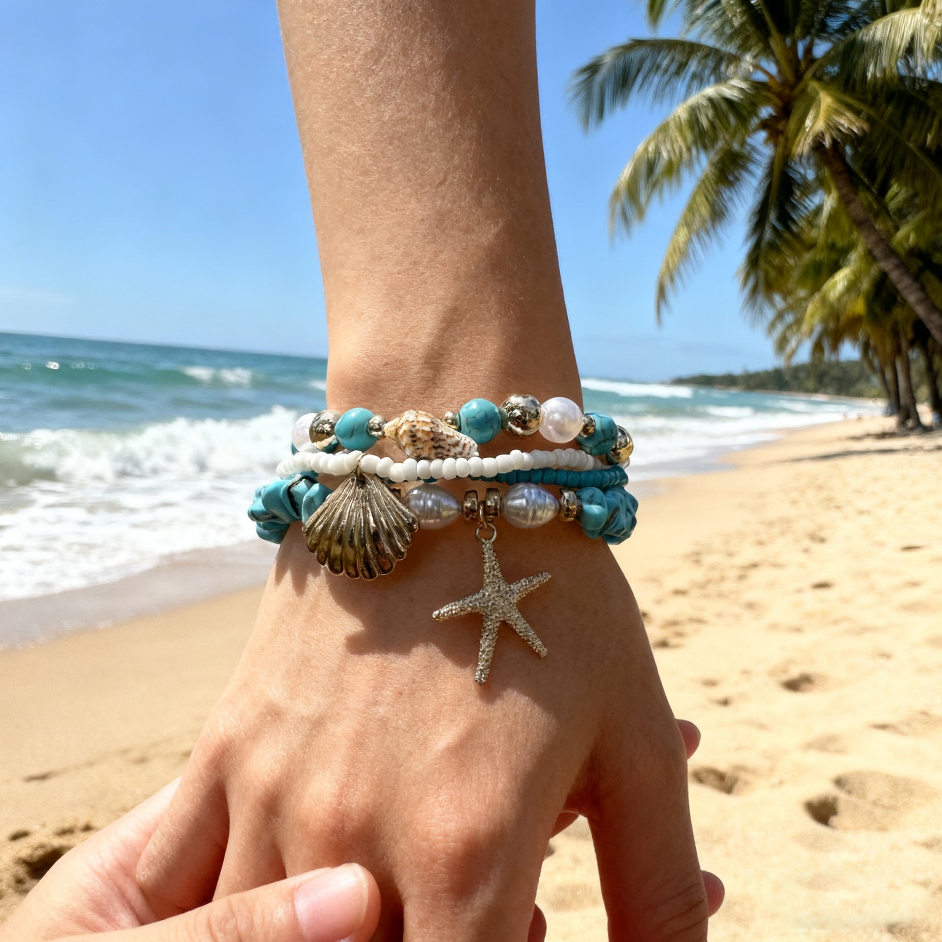 Wholesale Beach Vacation Starfish Shell Pearl Bracelet Fashion Accessory Gift