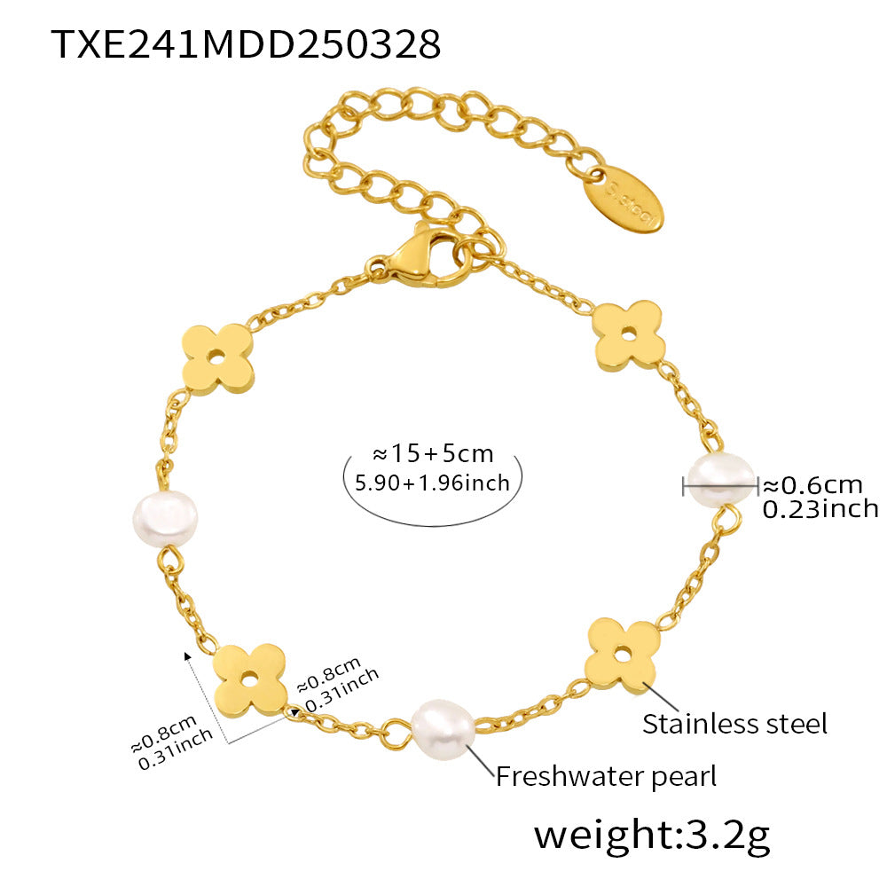 Wholesale Freshwater Pearl Flower Chain Necklace Stainless Steel Gold Plated Boutique Resale