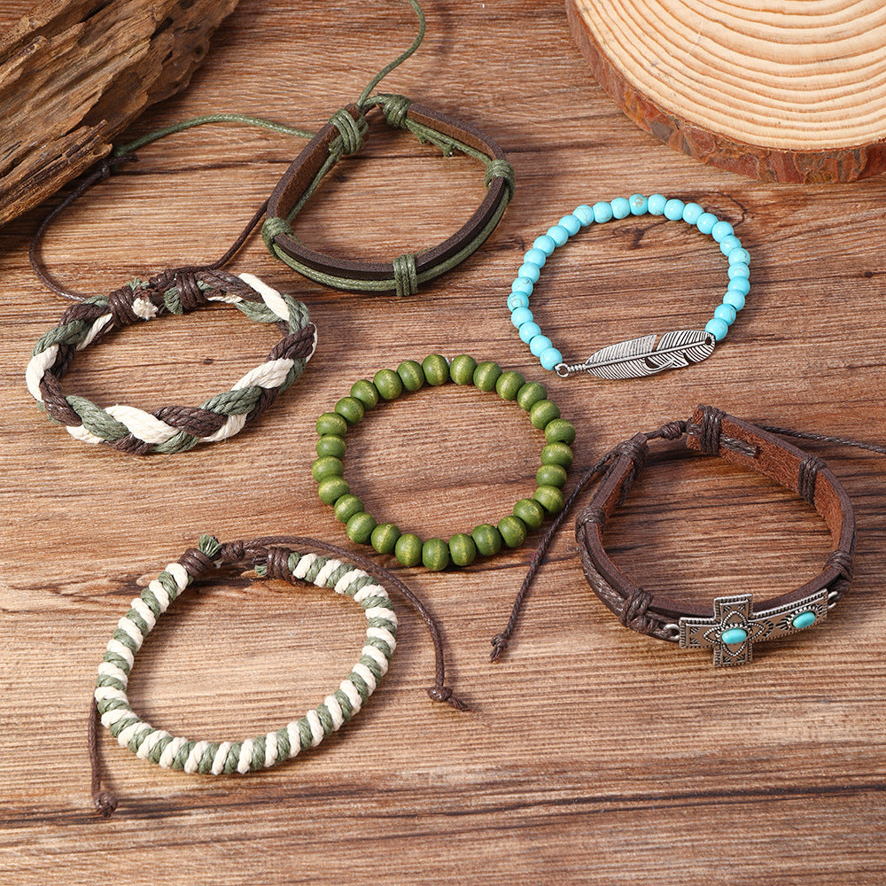 Wholesale Bohemian Turquoise Wood Bead Feather Cross Charms 6PCS DIY Jewelry Making Kit Leather Cord Boutique Craft Supply