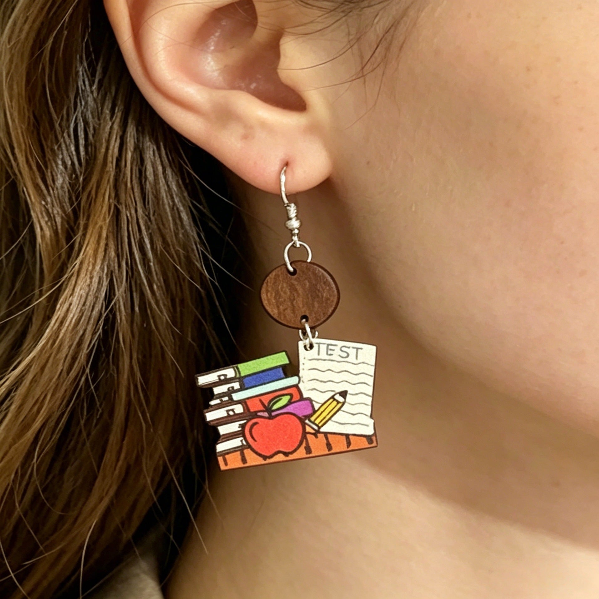 Wholesale Wooden Earrings Teacher Book Pencil Cartoon Print Back to School Fashion Accessory