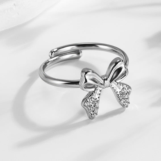 Wholesale 2PCS Steel-titanium bow zircon ring adjustable