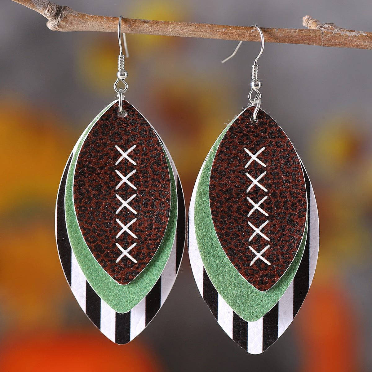 Wholesale Layered Rugby Leopard Stripe Leaf Drop Earrings