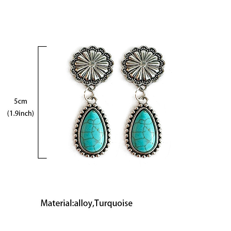 Wholesale Western metal earrings cow's head sunflower inlaid turquoise stitching denim earrings