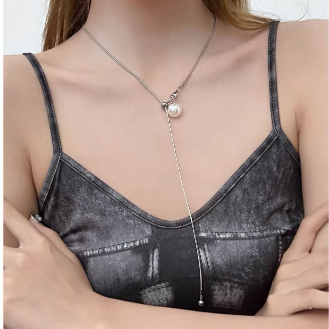 Wholesale  Titanium Steel pearl necklace  Light luxury  y-shaped  long clavicle chain