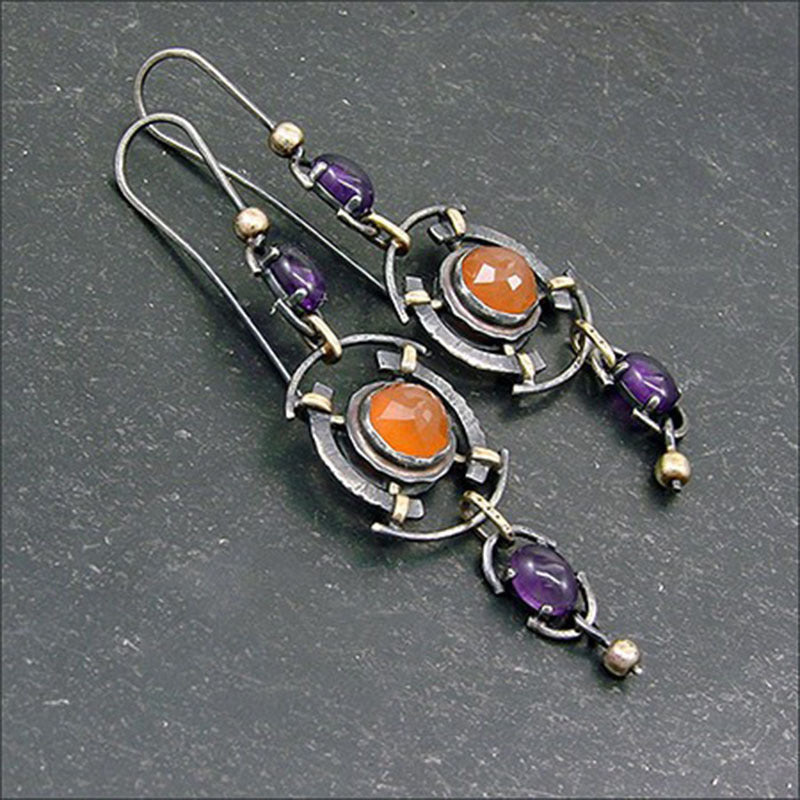 Wholesale Retro fashion orange dark purple gem geometric pendant earrings