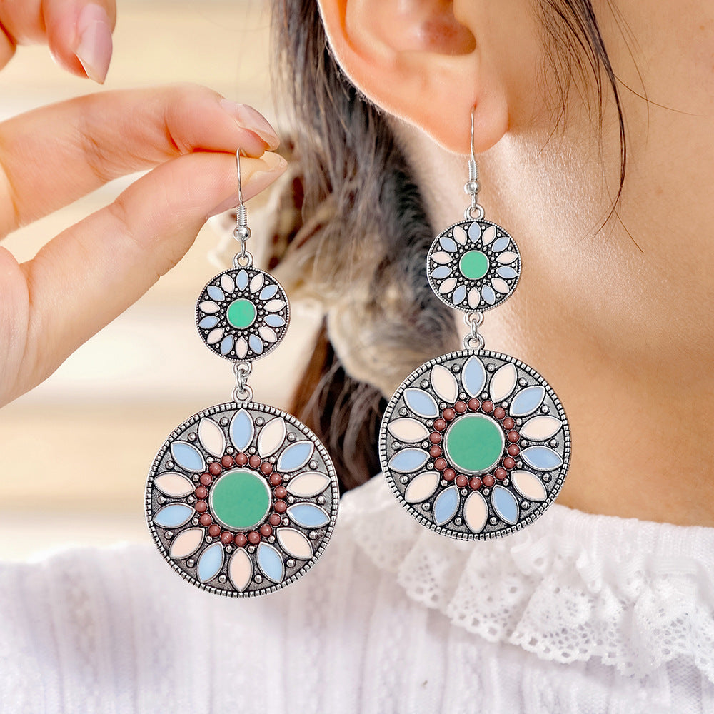 Wholesale Alloy Vintage Bohemian Sunflower Earrings,  Colorful Enamel Geometric Round,  Trendy Jewelry Accessory