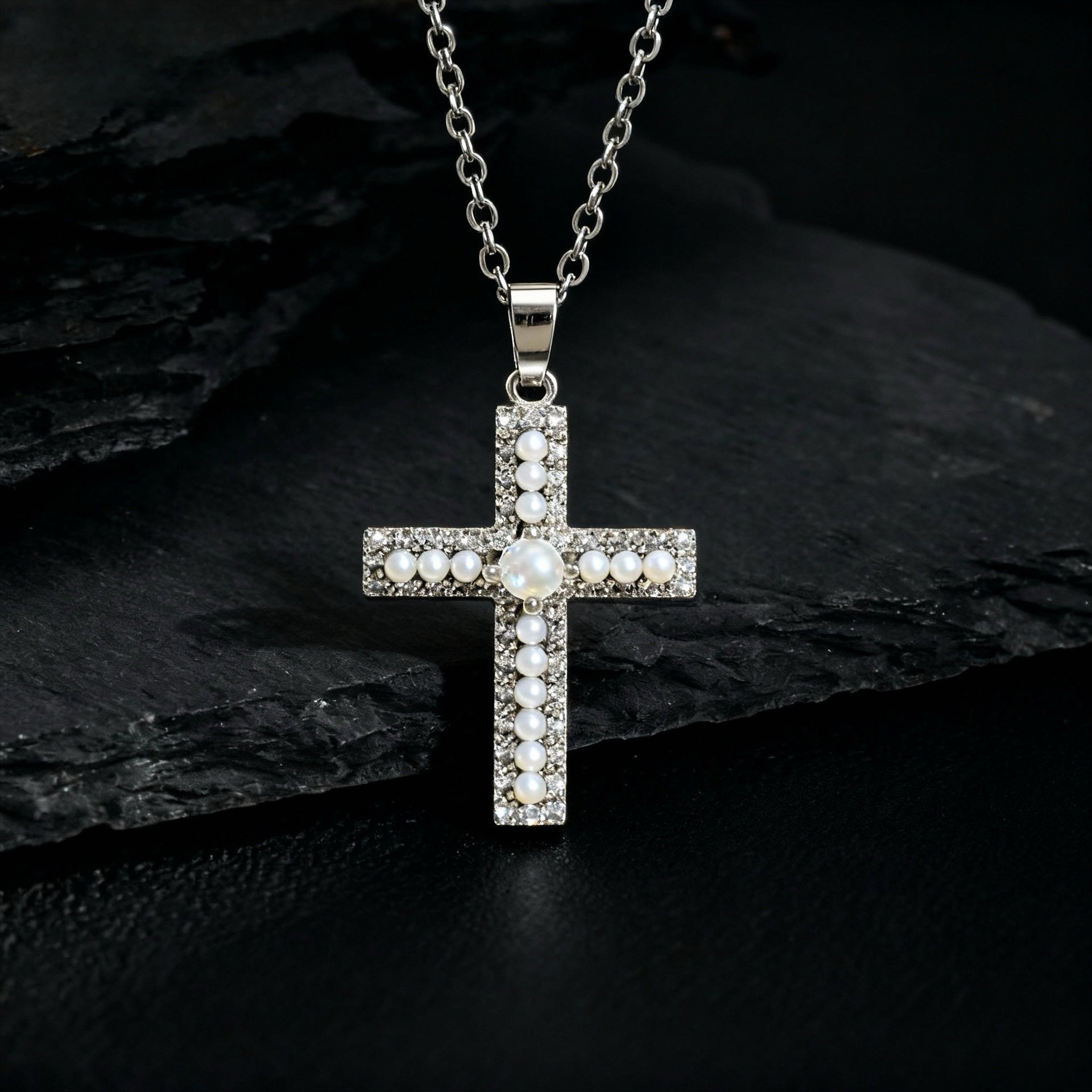 Wholesale Copper Cross Pendant Necklace With Micro Set Zircon And Pearl Chic Fashion Jewelry Accessory Gift For Women Boutique Resale