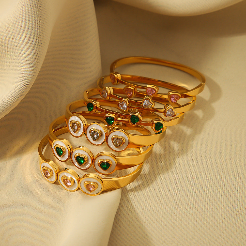 Wholesale stainless steel heart-shaped colorful zircon inlaid white sea shell 18K gold bracelet