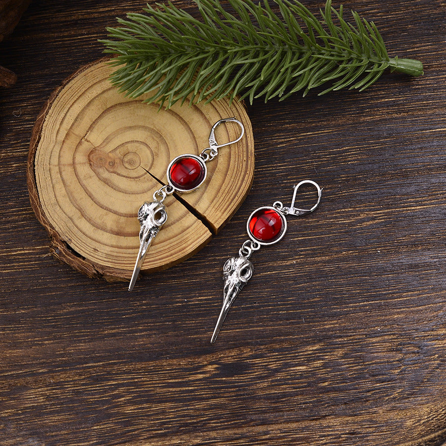 Wholesale Chic Gothic Crow Pendant Earrings Antique Silver Finish Ruby Red Accent  Fashion Jewelry Gift