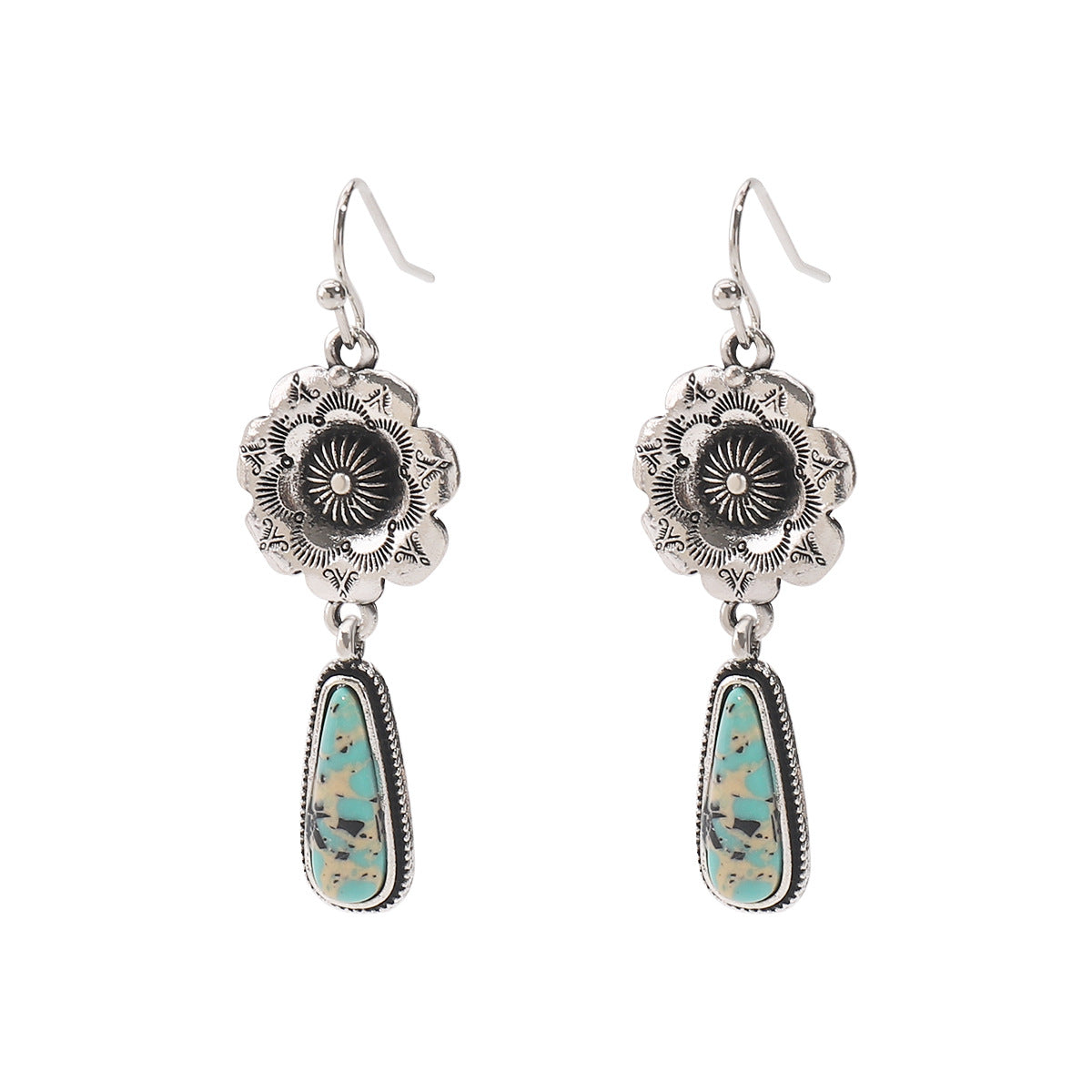 Wholesale vintage Artistic Carved Ancient Silver Earrings Bohemian Ethnic Style with Turquoise Earrings