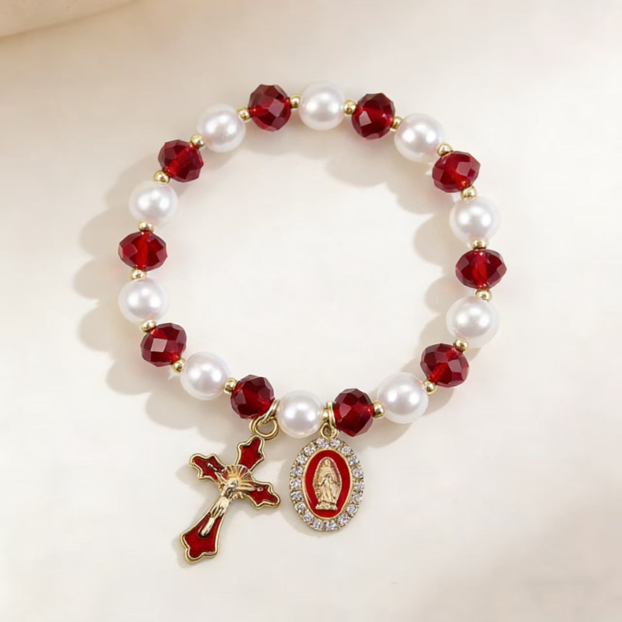 Wholesale Alloy man-made pearl beaded flower and cross Virgin Mary bracelet