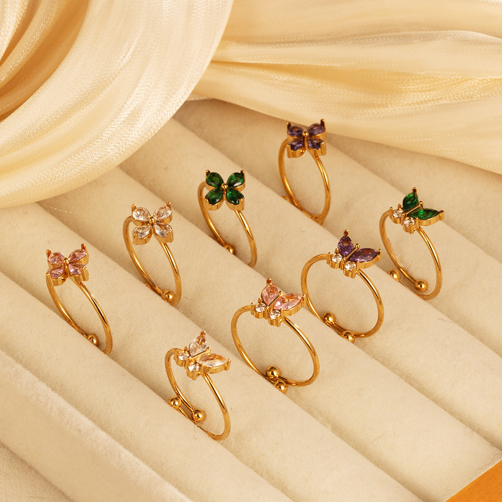 Wholesale Modern Flower Zircon Stainless Steel Adjustable Open Ring Boutique Resale Jewelry