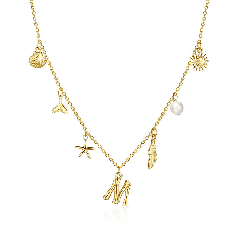 Wholesale Bohemian Shell Starfish Gold Electroplated Copper Alphabet Pendant Necklace for Women Fashion Accessory