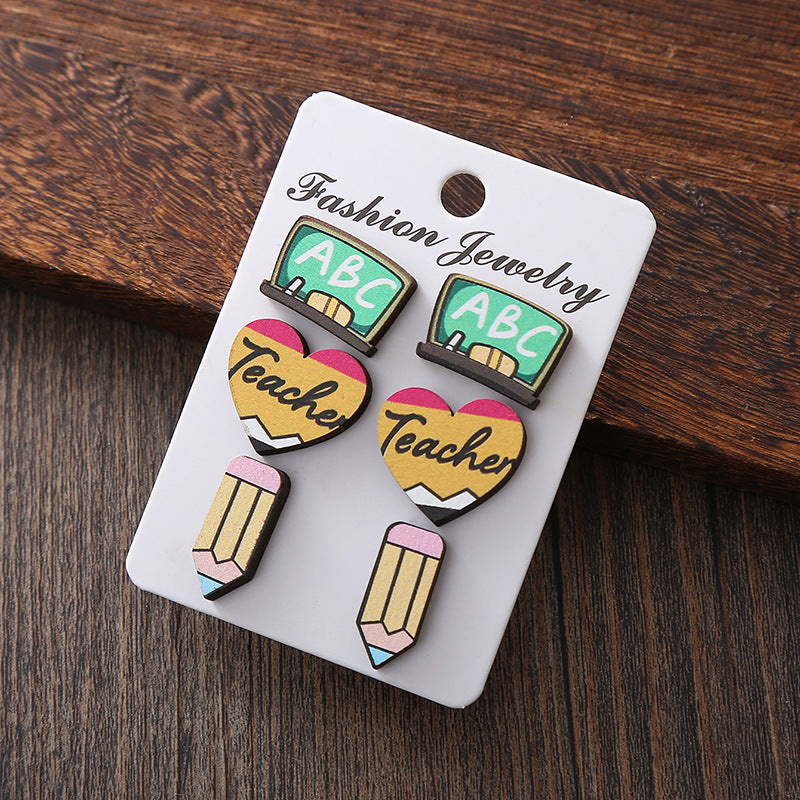 Wholesale Pencil Love ABC Blackboard Wooden Earring Set ACC-ES-XA002