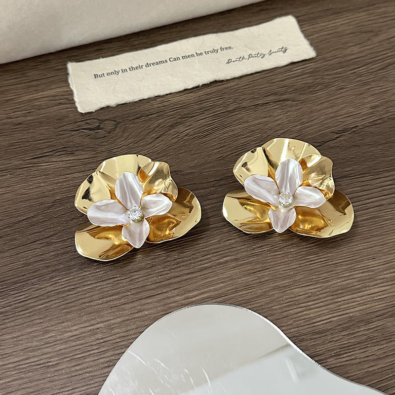 Wholesale  Retro  Metal Bright Pleated Double-layer Three-dimensional Petal Flower Earrings