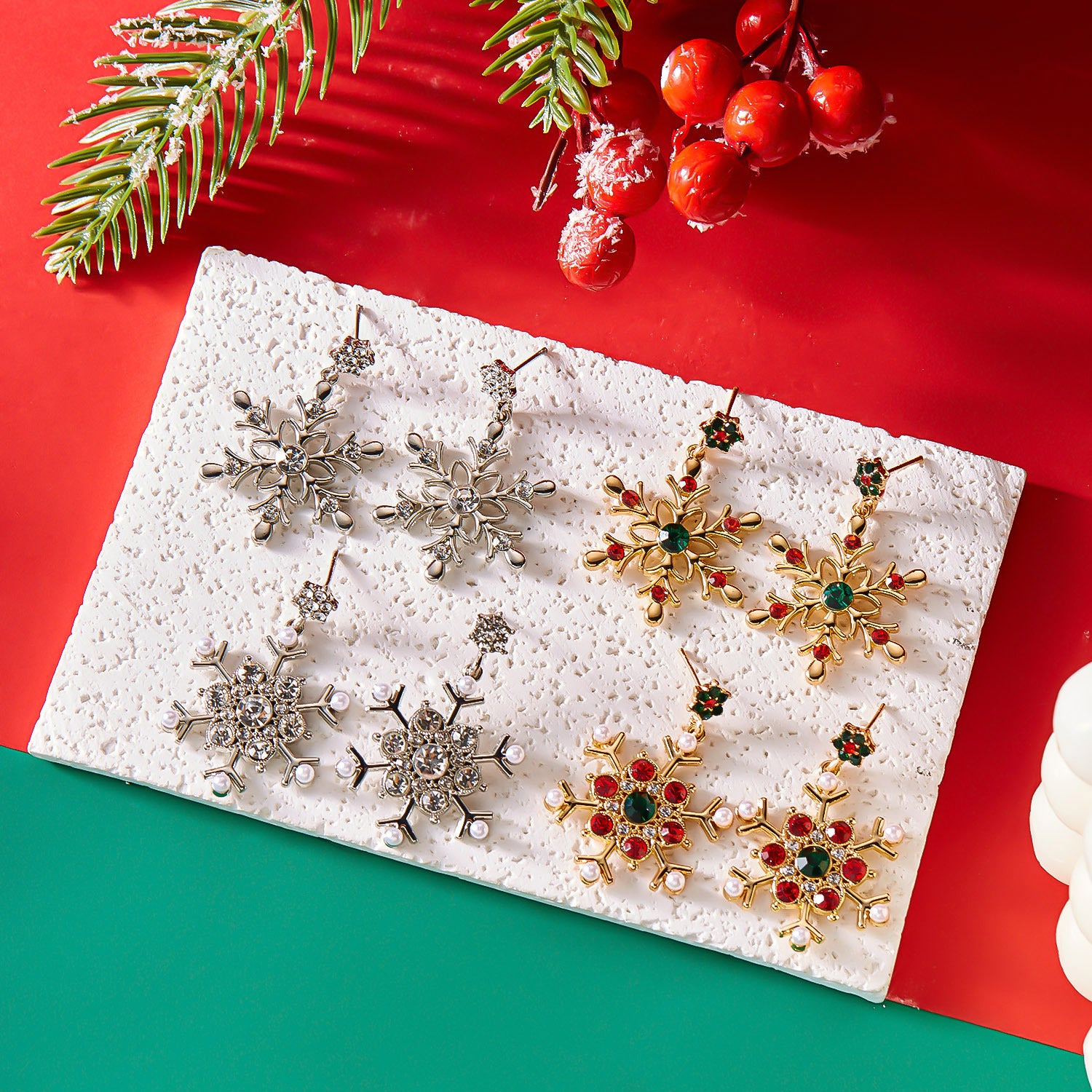 Wholesale  Christmas Earrings  Diamond Pearl Winter Christmas Snowflake Earrings