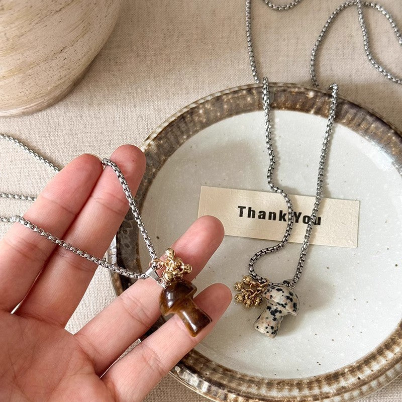 Wholesale  Titanium Steel Cartoon Mushroom Necklace Natural Stone Tiger Eye Pendant