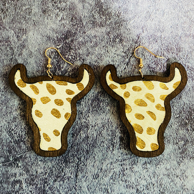 Wholesale retro genuine leather  Western cow head leopard print horse hair inlaid earrings