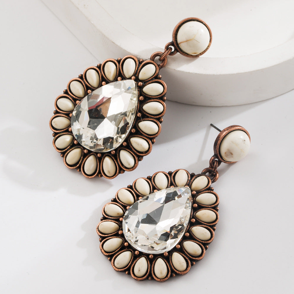 Wholesale Alloy Retro Turquoise Earrings with Glass Diamonds - Trendy Fashion Accessory