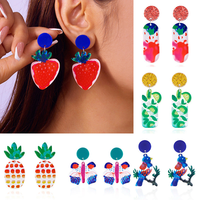 Wholesale personalized creative fresh and colorful vacation acrylic butterfly fruit earrings