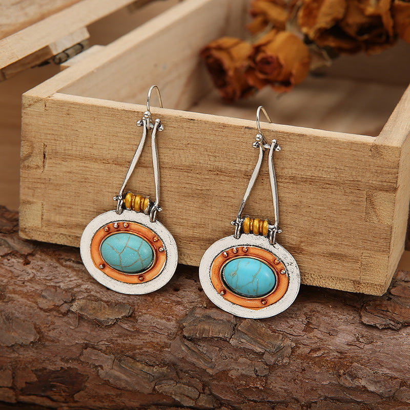 Wholesale Stylish Retro Oval Turquoise Double Color Alloy Earrings Jewelry Accessory