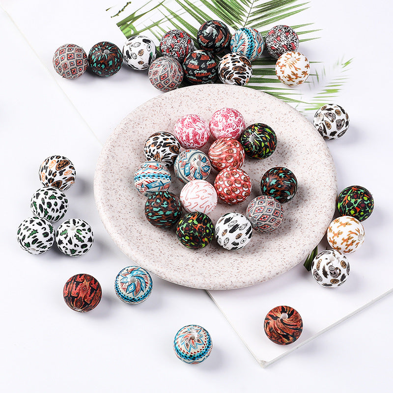 Wholesale 100pcs Western Style Aztec Denim Leopard Print 15mm Silicone Beads DIY Beading Accessories ACC-BDS-RongFa009