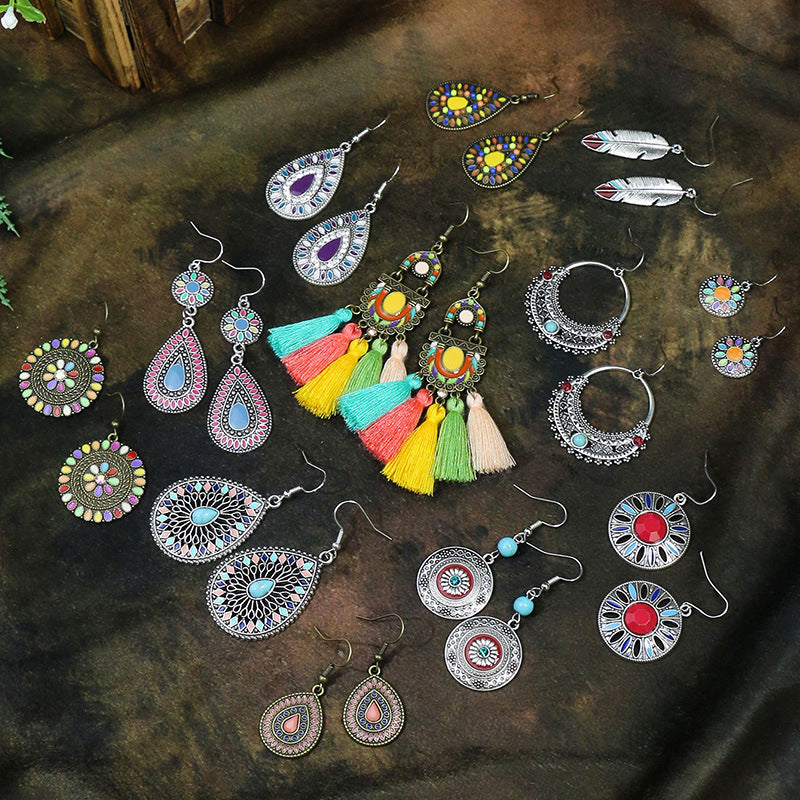 Wholesale Retro Bohemian Color Drip Oil Tassel Earrings Alloy Jewelry Fashion Accessory