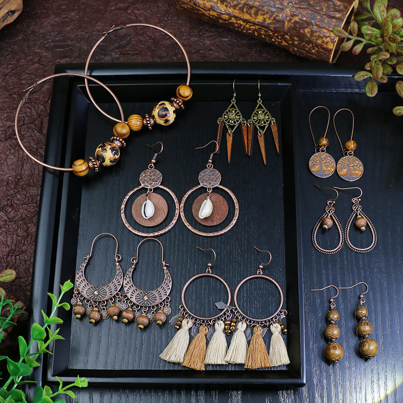 Wholesale Handmade Wooden Bead Ring Ethnic Retro Geometric Design Jewelry Accessory for Gift or Resale