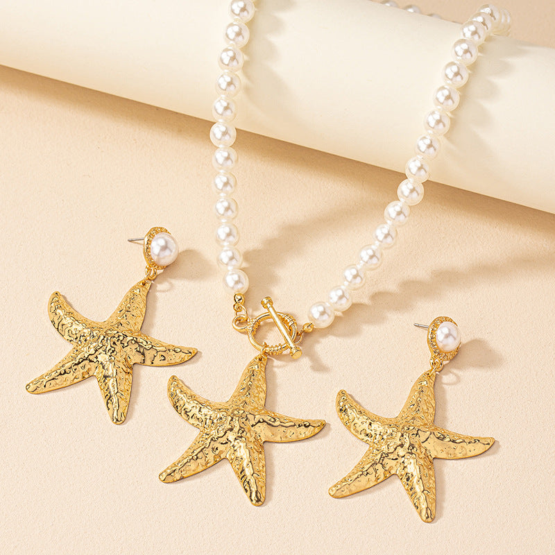 Wholesale Alloy Electroplated Sea Star Earring And Necklace Set Pearl Chain Beach Style For Women
