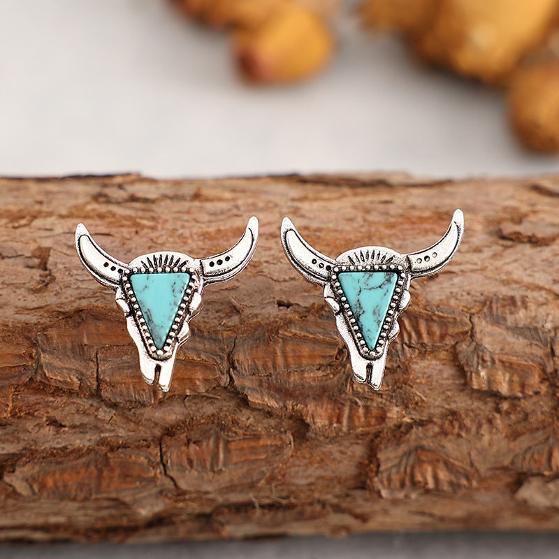 Wholesale Western Style Cow Head Turquoise Alloy Earrings ACC-ES-SaiPu003
