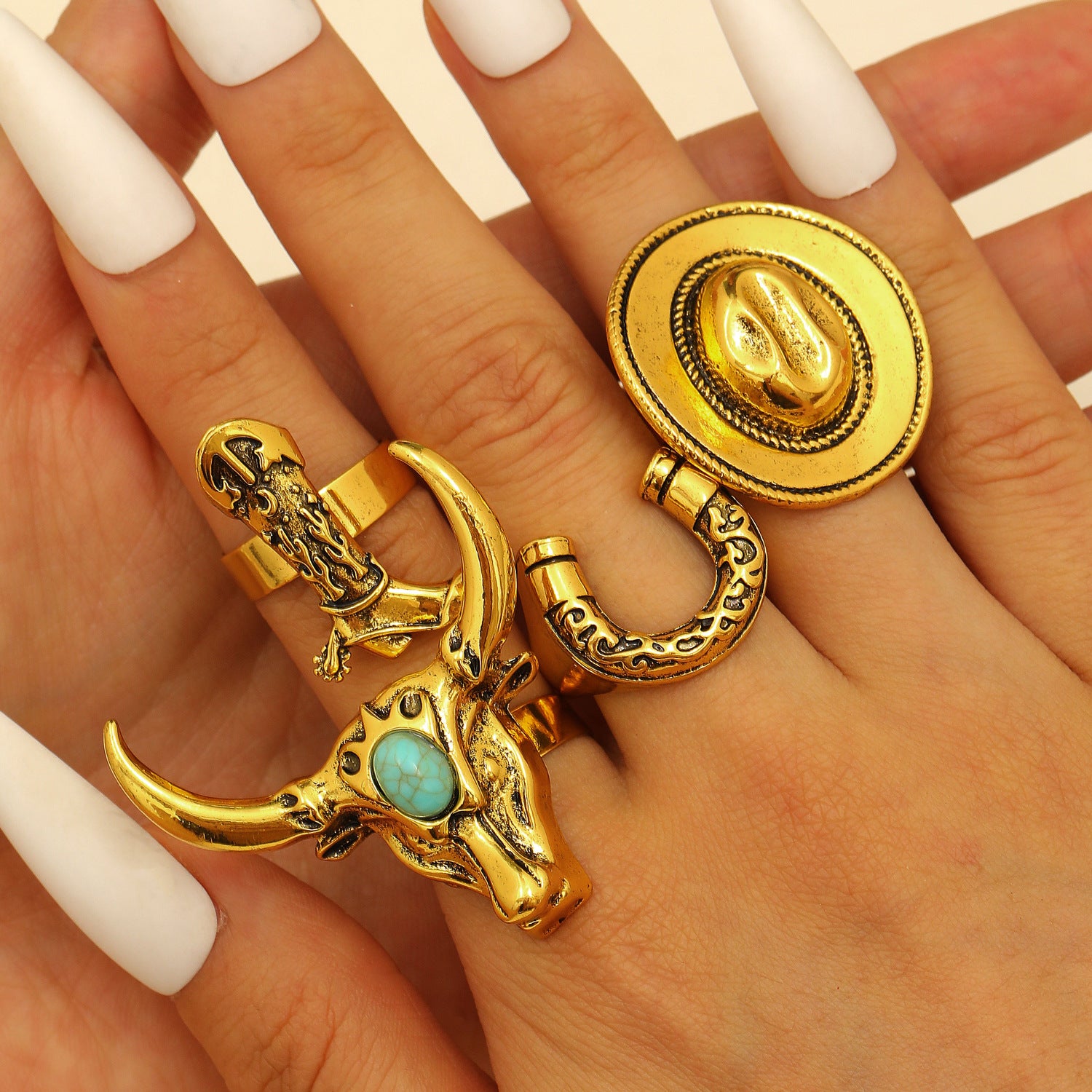 Wholesale Retro Western Cowboy Zinc Alloy 3 Piece Ring Set Antique Gold Boot Hat Bull Head Horseshoe Motif Punk Jewelry Accessory Gift