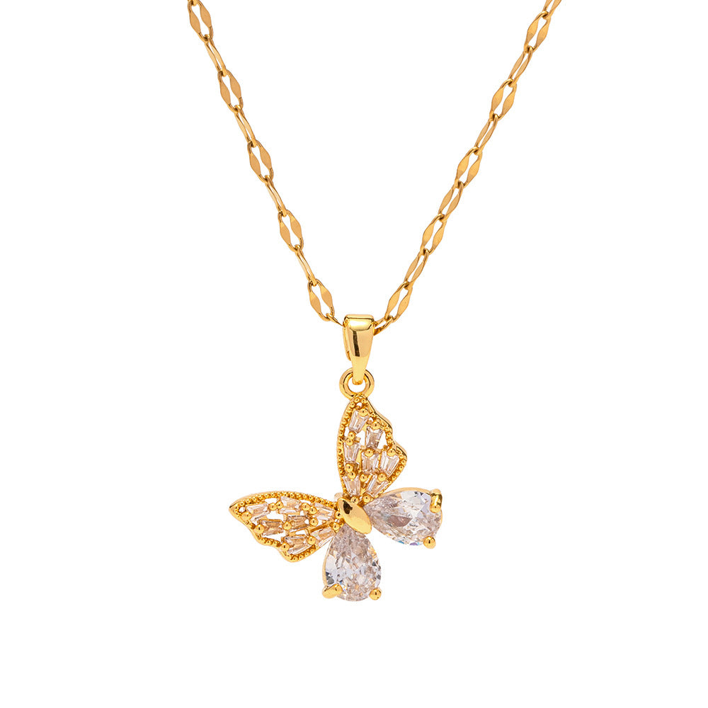Wholesale  18K gold stainless steel inlaid white zircon butterfly pendant necklace