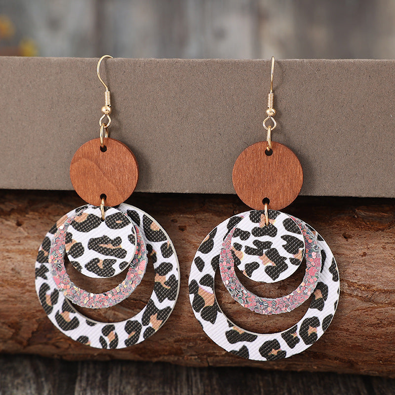 Wholesale Retro Style Multi-Layer Pattern Ring Splicing Small Disc Leather Personalized Earrings