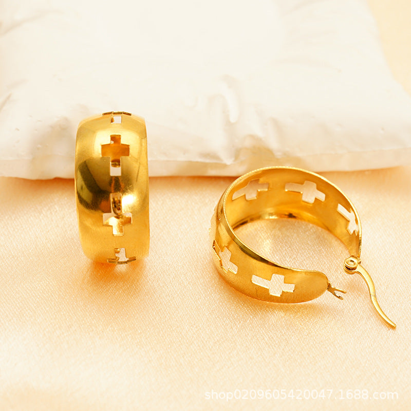 Wholesale Steel and titanium openwork cross earrings