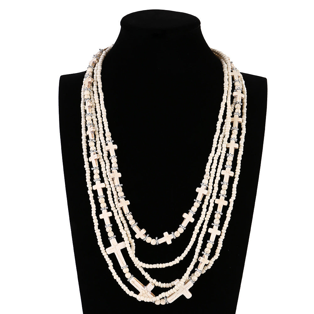 Wholesale  Retro Turquoise Rice Beads Multi-Layer Cross Necklace