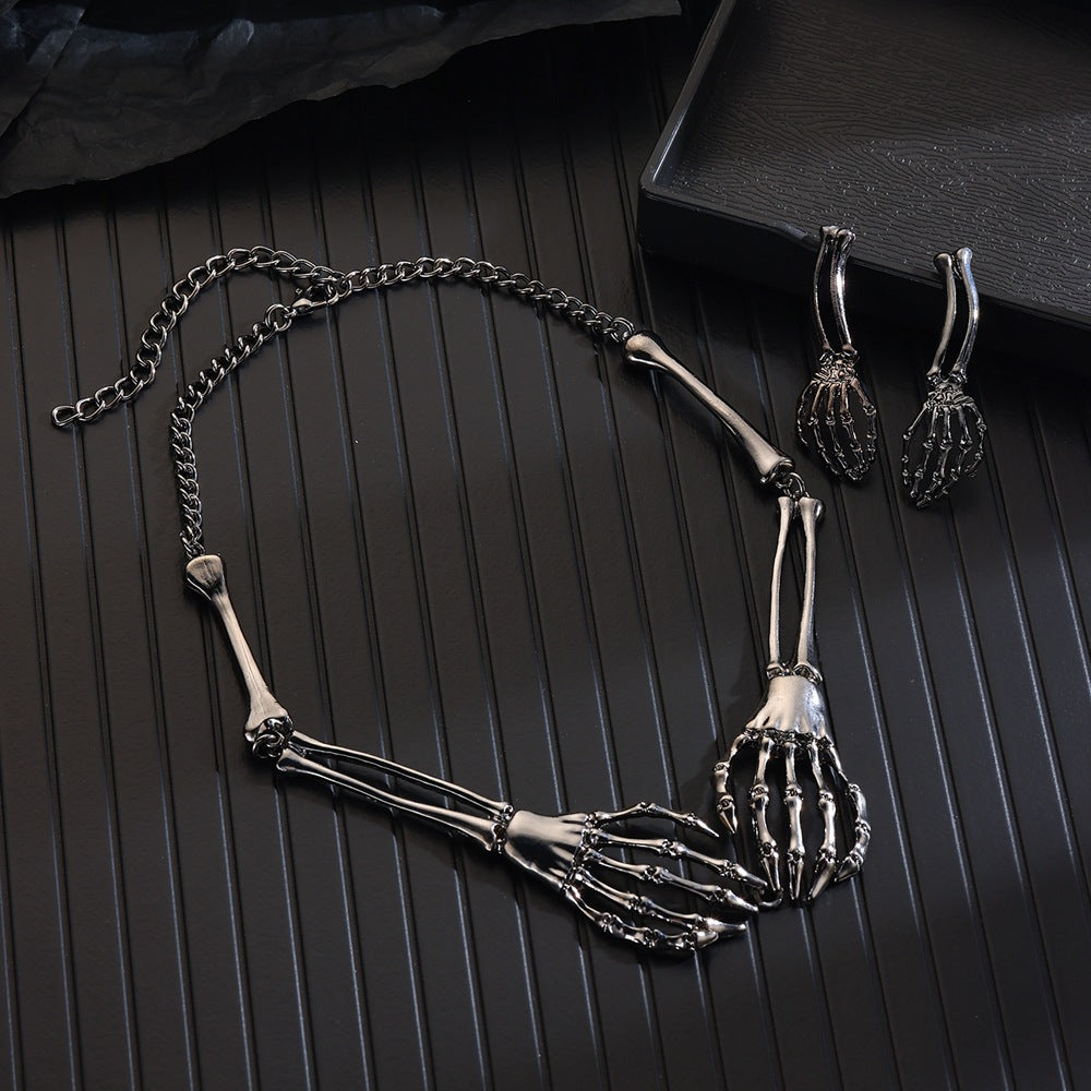Wholesale Silver Tone Skeleton Hand Necklace and Earrings Set  Fashion Jewelry Accessory