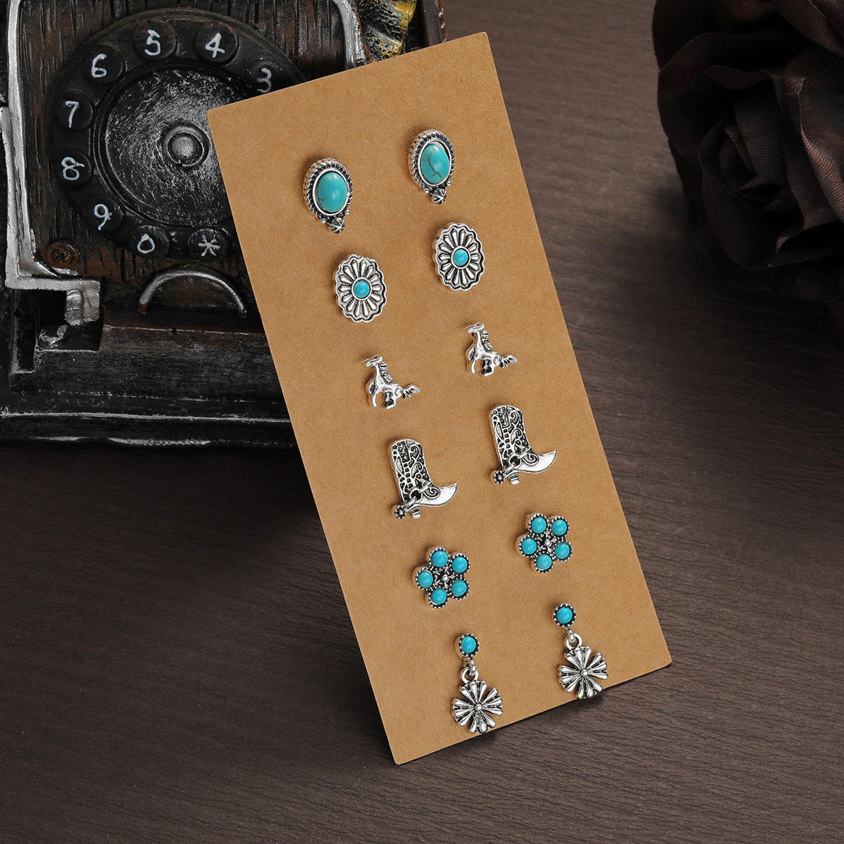 Wholesale Western-style turquoise earrings 6-piece set
