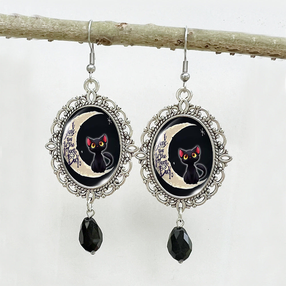 Wholesale Halloween Stainless Steel Ear Hook Oval Lace Pumpkin Black Cat Moon Metal Earrings ACCVIP-ES-XiangLian005