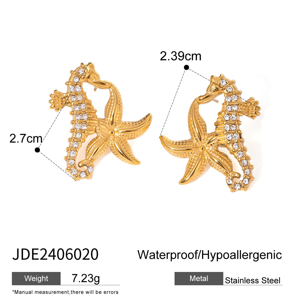 Wholesale 18k Gold Stainless Steel Hippocampus Starfish Diamond Earrings Necklaces