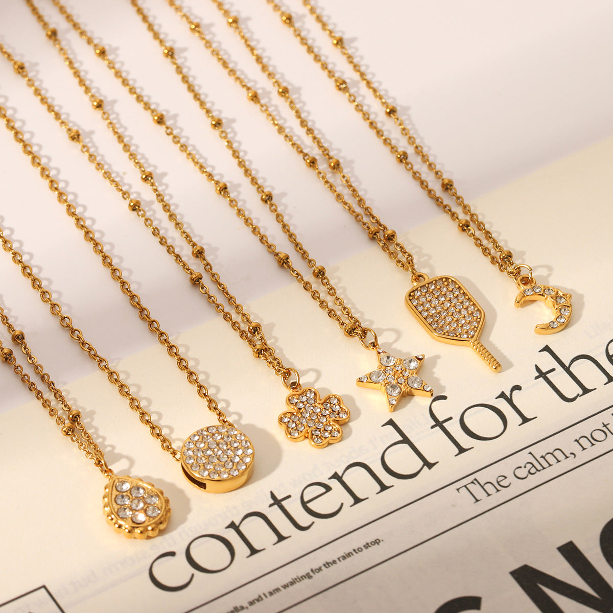 Wholesale Stainless Steel 18K Gold Drops Four-leaf Clover Moon Five-pointed Star Diamond Pendant Necklace