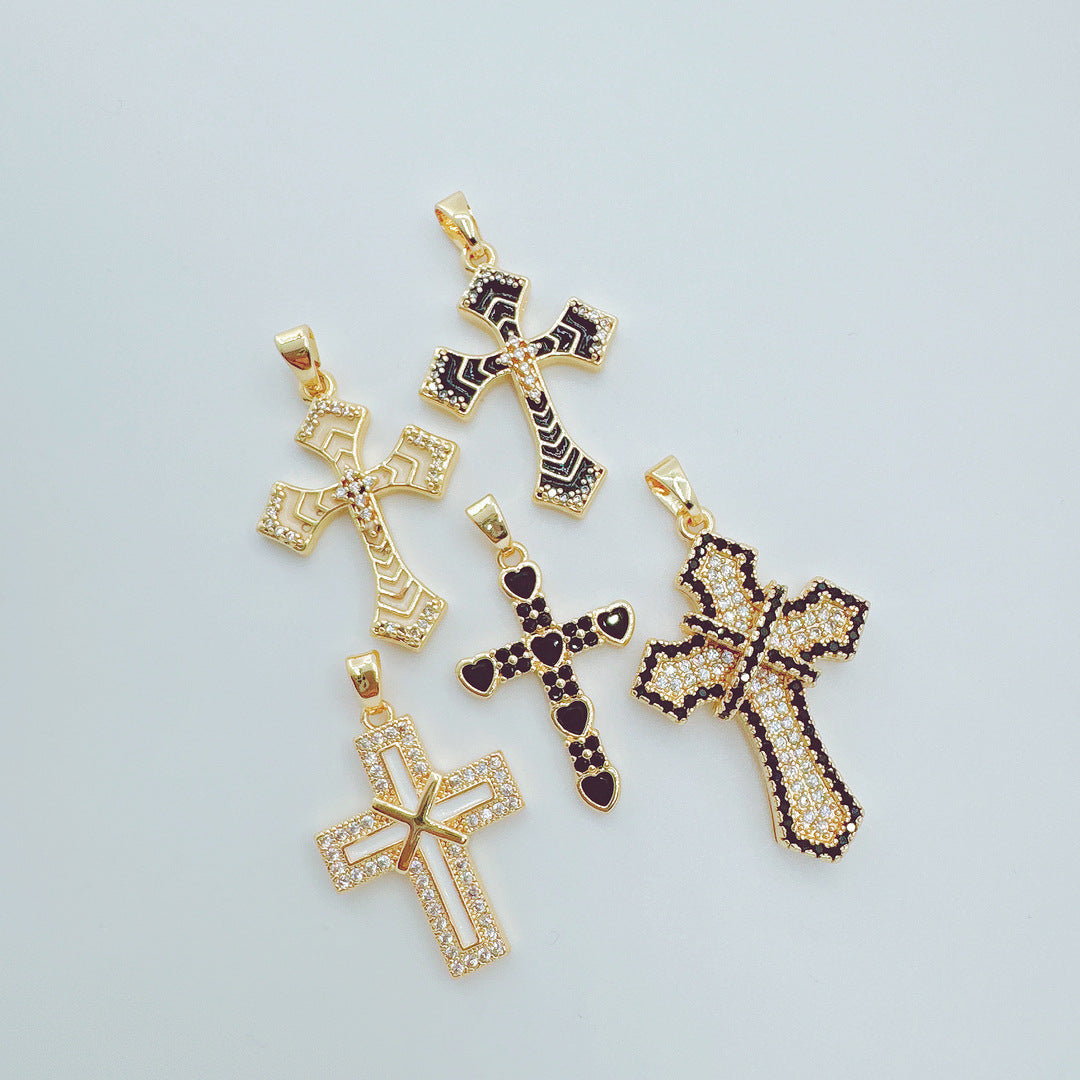 Wholesale Retro Cross Pendant Necklace Gold Plated Copper Zirconium Stylish Jewelry Accessory