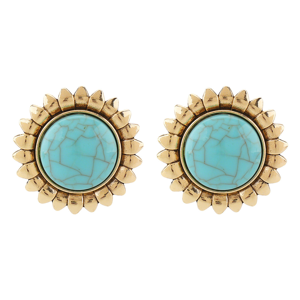 Wholesale  round turquoise inlaid flowers metal earrings collar light luxury necklace stud earrings