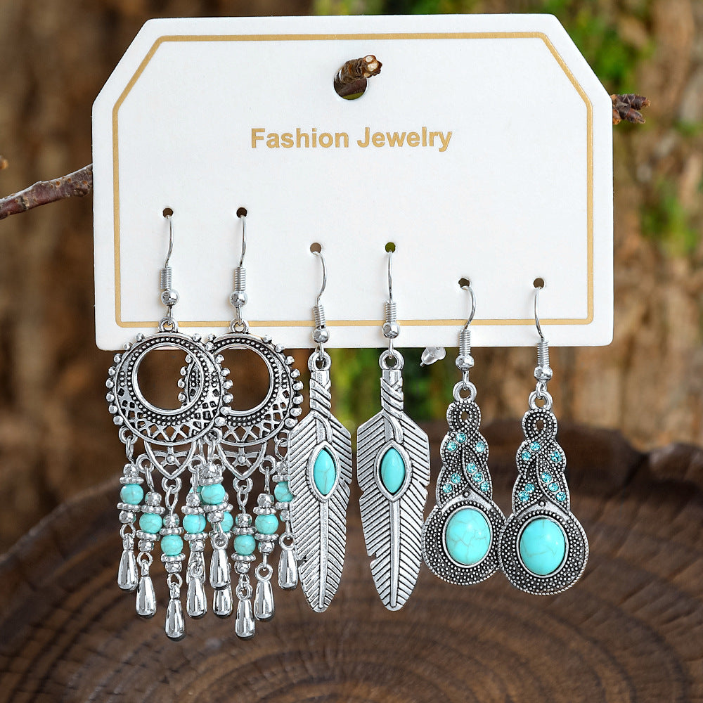 Wholesale European and American Cross-Border Hot Selling New Turquoise Earrings Set Fashion Ethnic Holiday Style Earrings Earrings Manufacturer