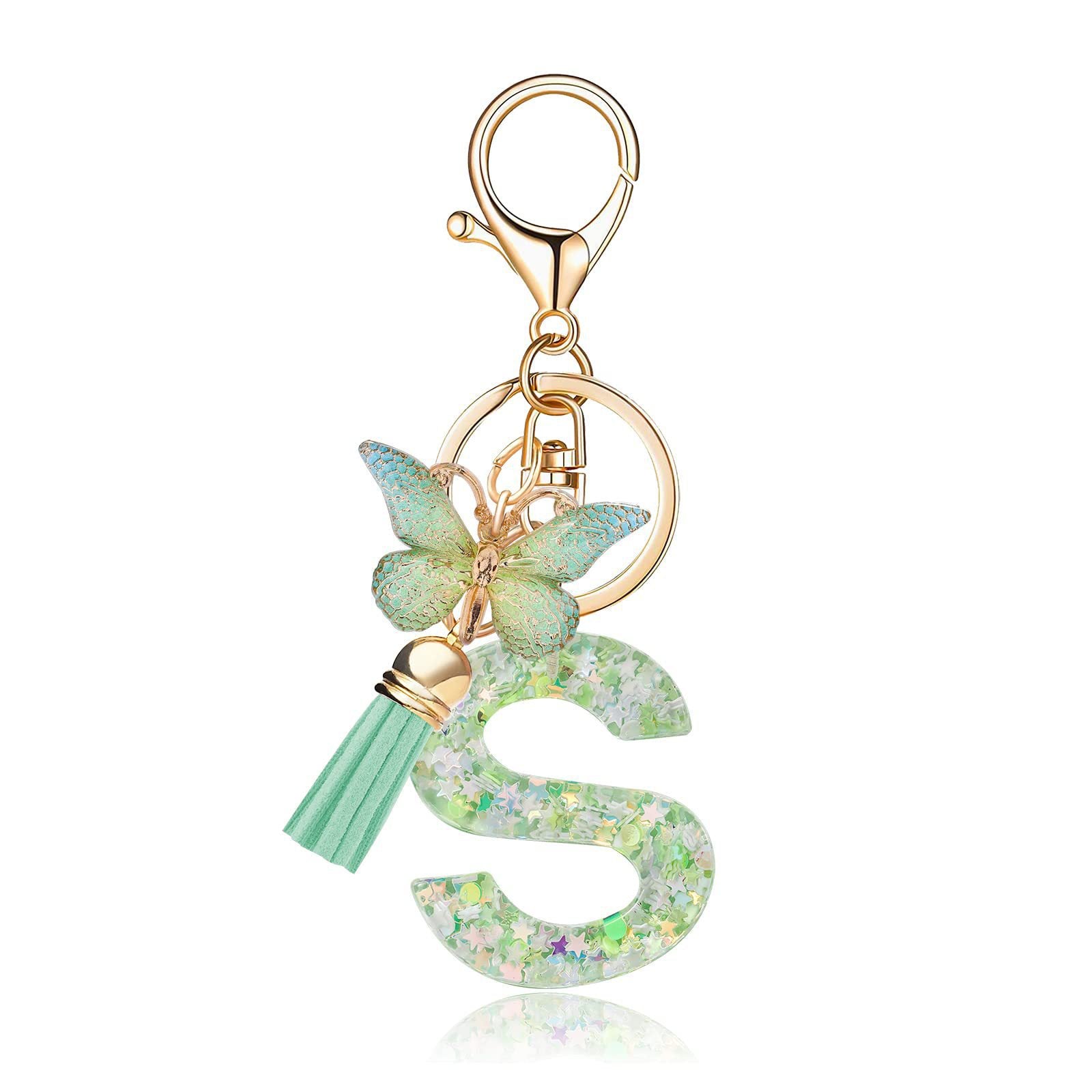 Wholesale 26 letter keychain green butterfly glue keychain