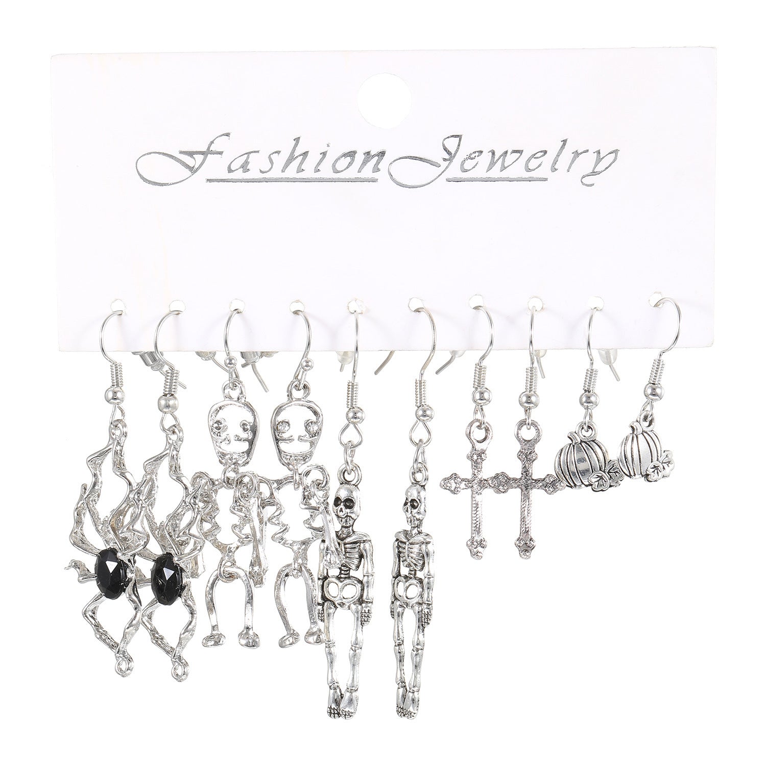 Wholesale Alloy Ancient Silver  Statement Earrings Set – 5 Pairs Pumpkin Skull  Theme,  Party Fashion Accessory